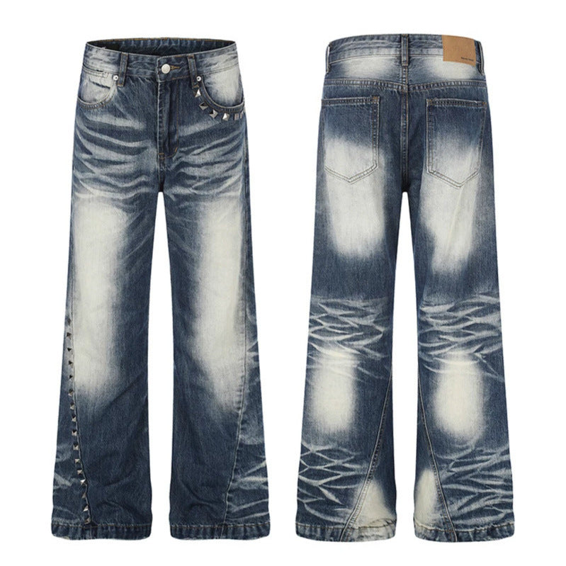 Women High-Waisted Wide Flare Jeans with Used Wash and Studded Trim Mune Fashion