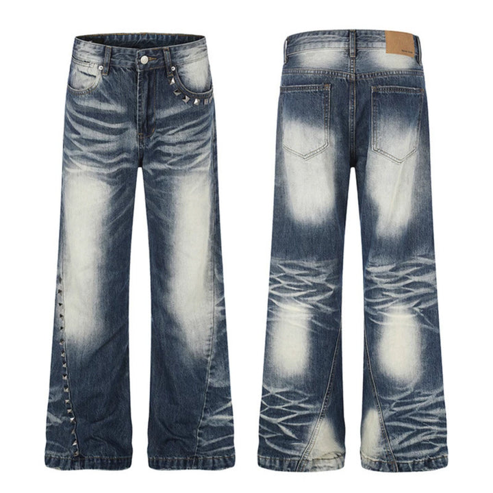 Women High-Waisted Wide Flare Jeans with Used Wash and Studded Trim Mune Fashion
