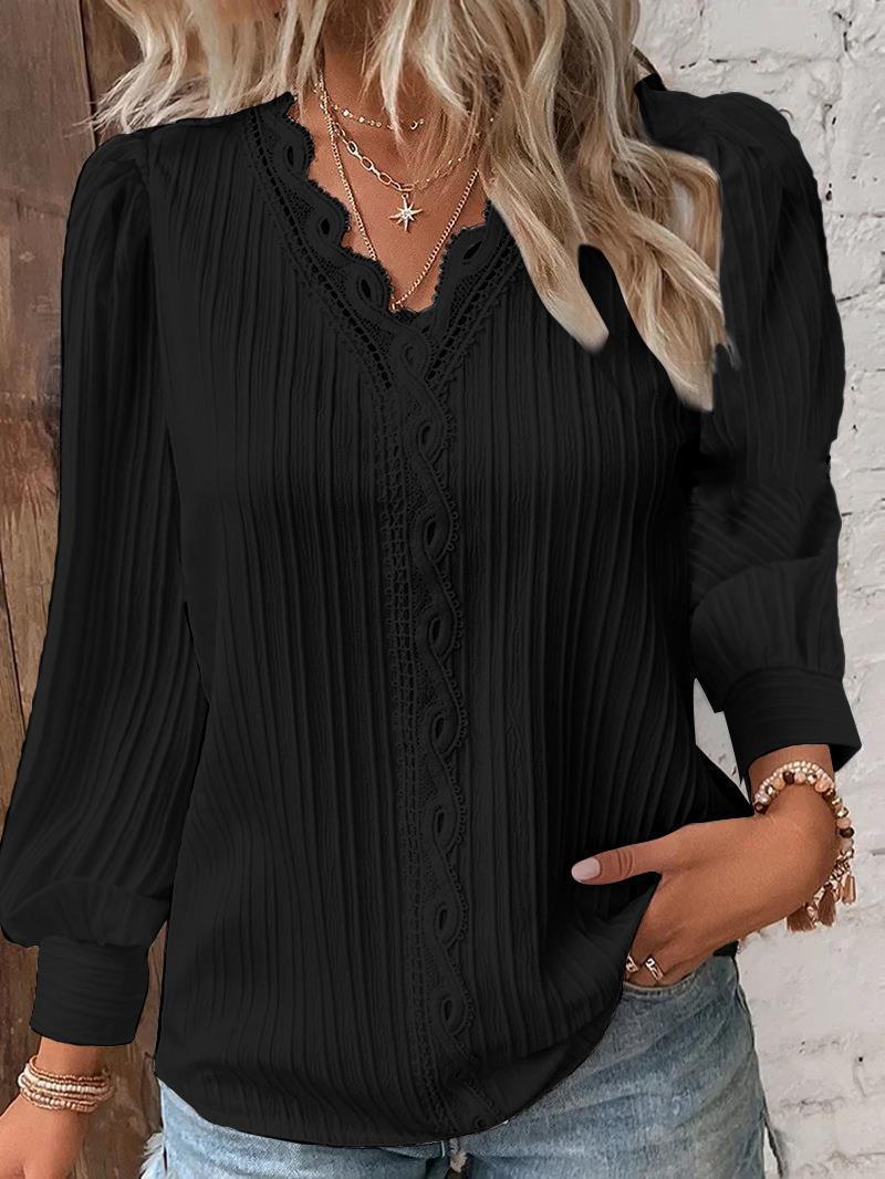 Women's romantic V-neck lace blouse with pleats and puff sleeves Mune Fashion