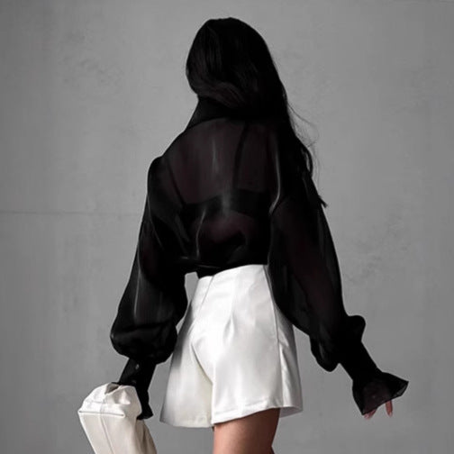 Women's Transparent Blouse with Voluminous Sleeves and Elegant Ruffle Details Mune