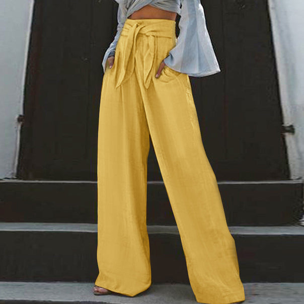 Ladies wide High-Waist linen pants with tie belt and inset pockets Mune Fashion