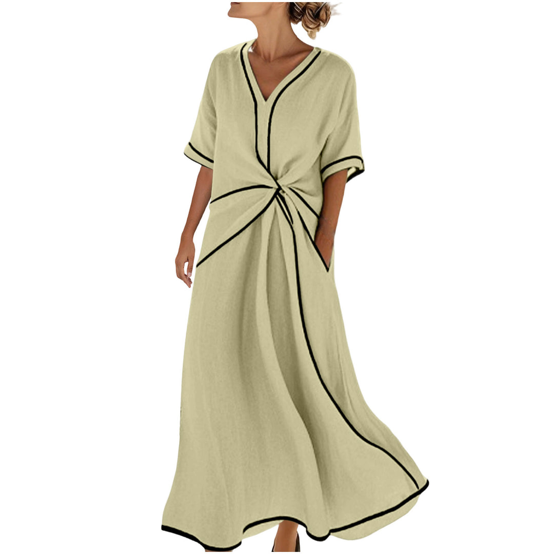 Women's Long A-Line Dress with V-Neck, Knot Detail and Contrast Piping Mune Fashion