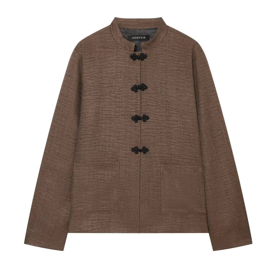 Women Boxy-Cropped Linen Jacket with Stand-Up Collar and Frog Closures Drune