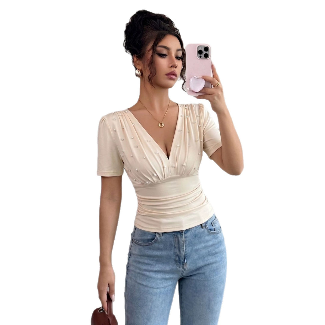 Women nano tailored draped short sleeve top with pearl trim and V-neck Mune Fashion