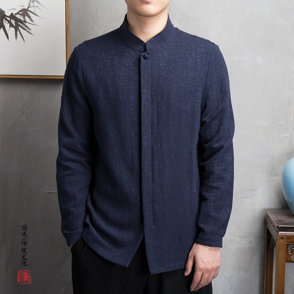 Men's light linen shirt with stand-up collar and hidden button placket Mune Fashion