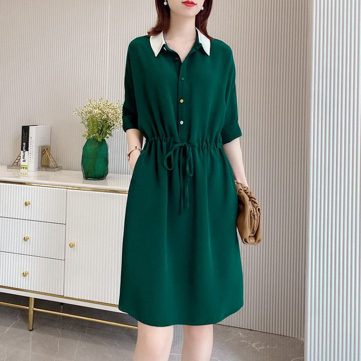Women Casual Midi Dress with Contrasting Collar Mune Fashion