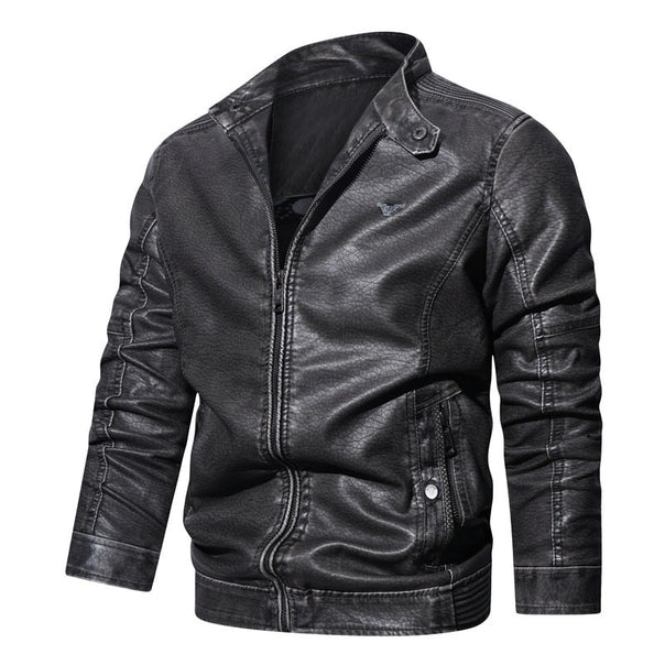 Men's washed synthetic leather pilot bomber jacket with textured surface and ergonomic sleeve seams Mune Fashion