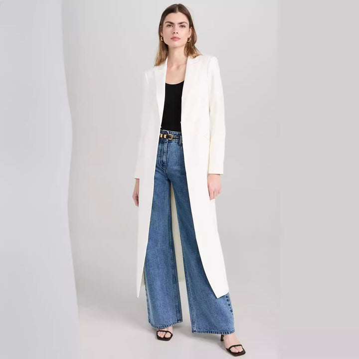 Women's Longline Blazer Coat with Open Front Slit and Slim Silhouette Mune Fashion
