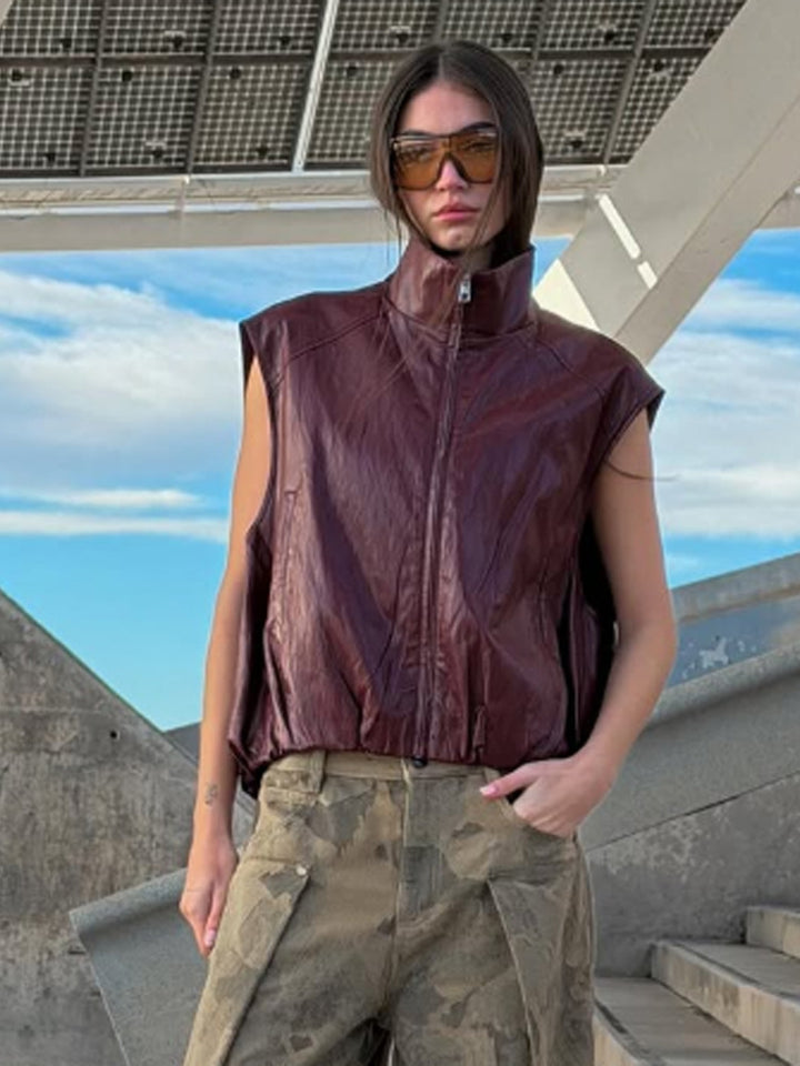 Women Sleeveless Leather Vest with High Stand Collar, Short Boxy Cut and Front Zipper Mune Fashion