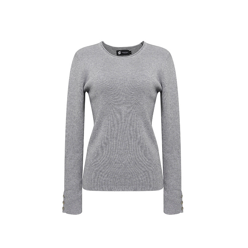 Women's fine knit sweater with round neckline, slim silhouette, and decorative button sleeves Mune Fashion