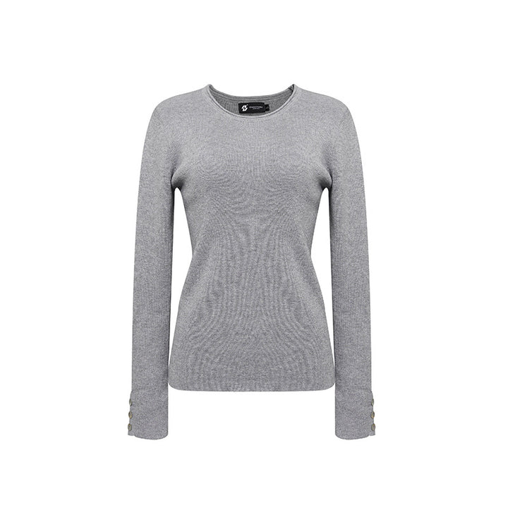 Women's fine knit sweater with round neckline, slim silhouette, and decorative button sleeves Mune Fashion