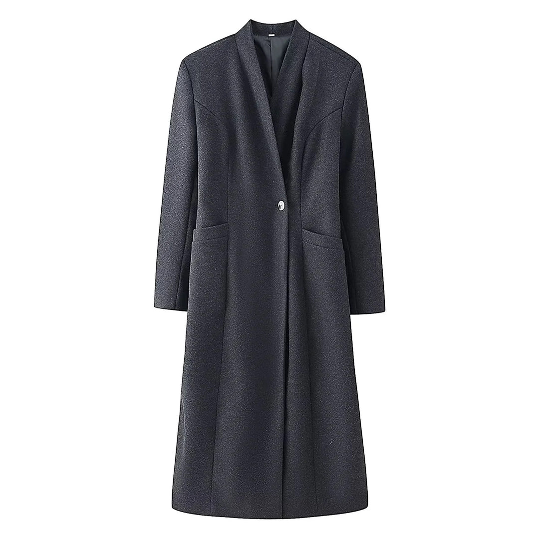 Women's elegant long-cut coat with shawl collar, tailored princess seams, and concealed single-button front Mune Fashion