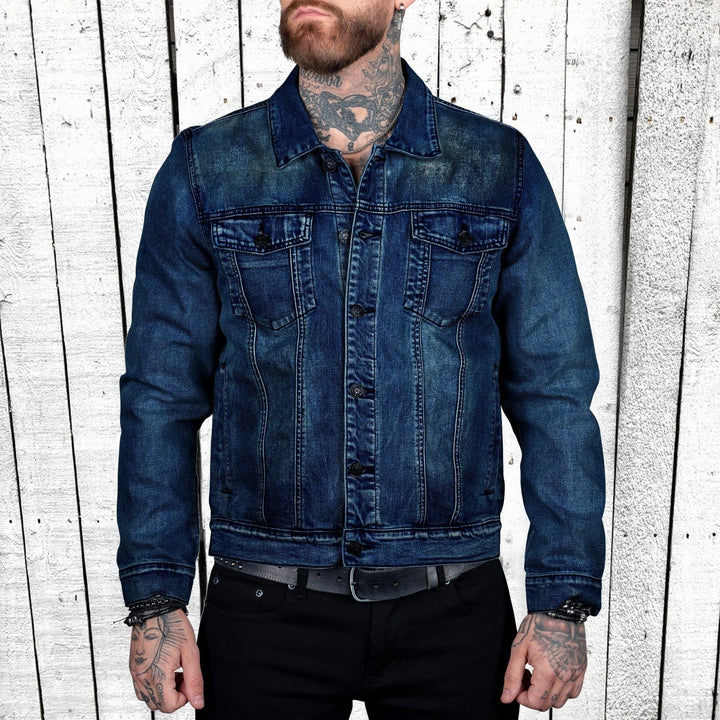 Men's slim fit trucker denim jacket with flap pockets, metal button placket and contrasting stitching Mune Fashion