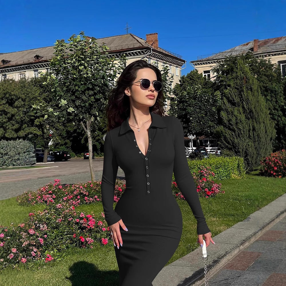 Women's Figure-Hugging Midi Dress with Polo Collar and Press Button Placket Mune Fashion
