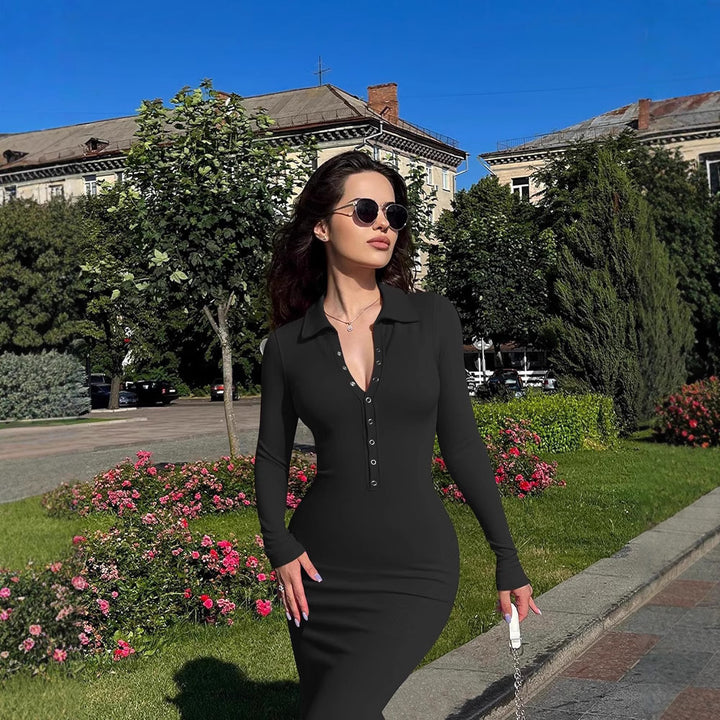 Women's Figure-Hugging Midi Dress with Polo Collar and Press Button Placket Mune Fashion