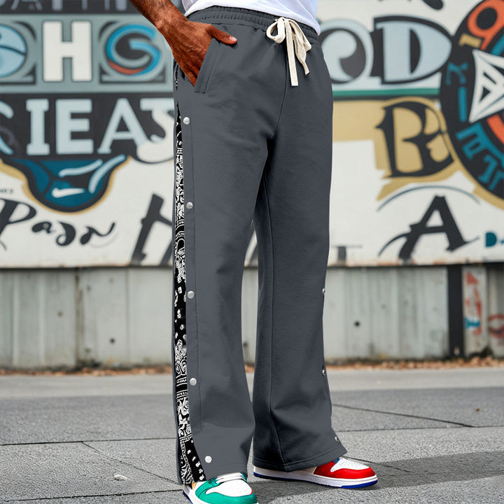 Men's Loose Snap-Track Pants with Drawstring, Side Bandana Trim and Snap Closure Mune Fashion