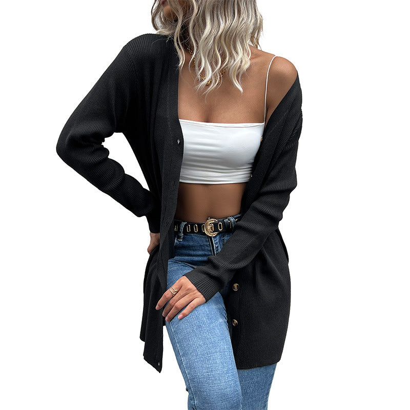Women's Long Ribbed Cardigan with Button Placket and V-Neck Mune Fashion