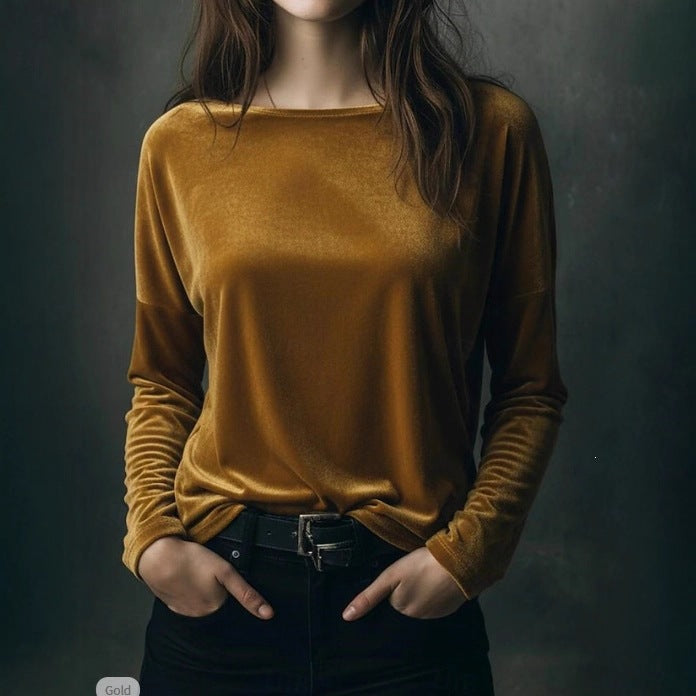 Women's fine velour long-sleeve shirt with boat neckline and boxy silhouette Mune Fashion