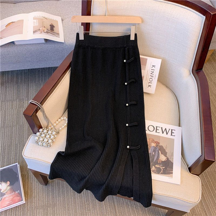 Women's Elegant Ribbed Knit Skirt with Button Details Mune Fashion