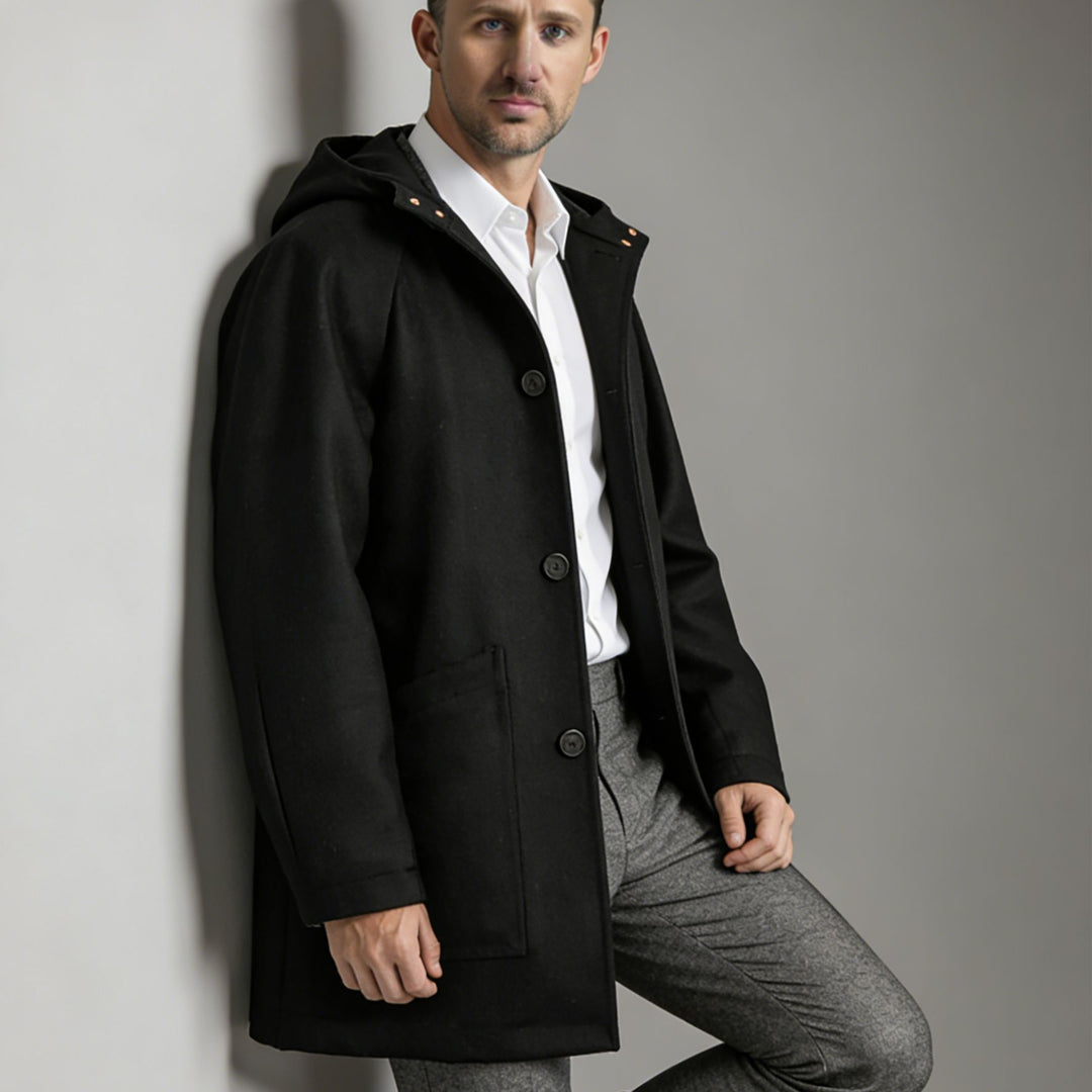 Men Tailored Wool Blend Coat with Hood and Concealed Button Placket Mune Fashion