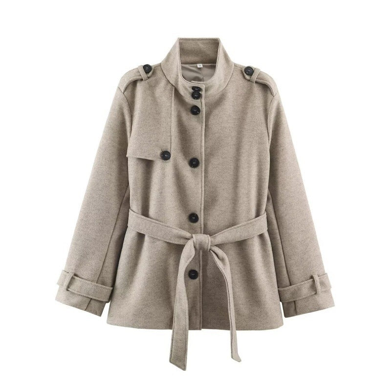 Women Short fitted coat with stand-up collar, shoulder straps and tie belt Mune Fashion
