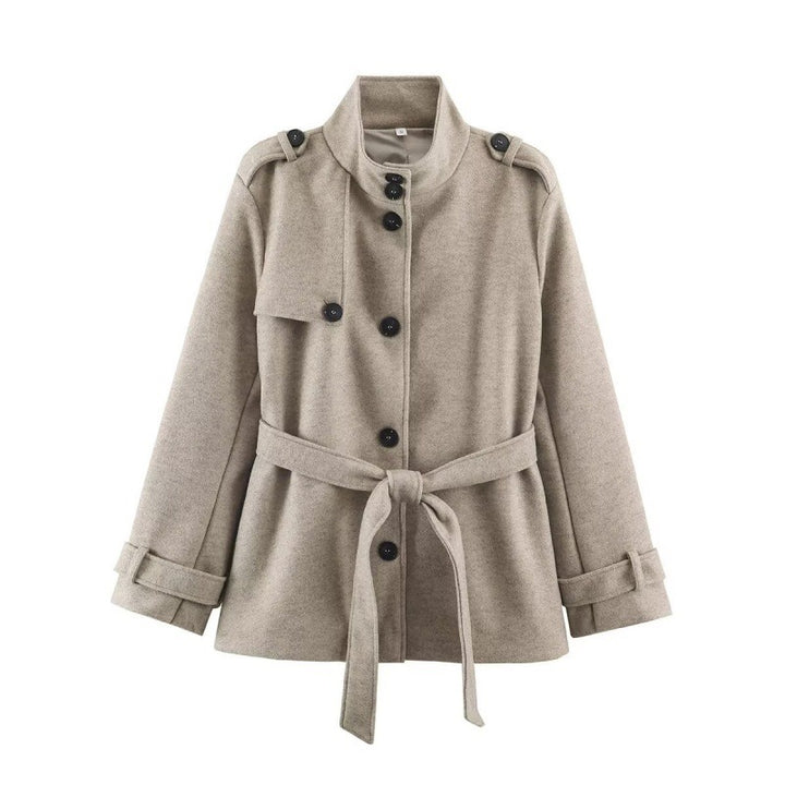 Women Short fitted coat with stand-up collar, shoulder straps and tie belt Mune Fashion