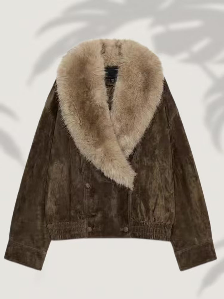 Women’s short-cut suede bomber jacket with luxurious fur collar Mune Fashion