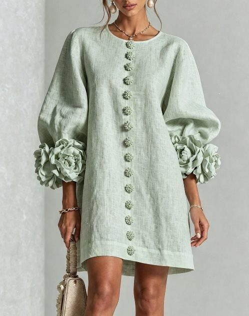 Women’s Short-Cut Linen Dress with 3D Flower Sleeves and Center Button Placket Mune Fashion