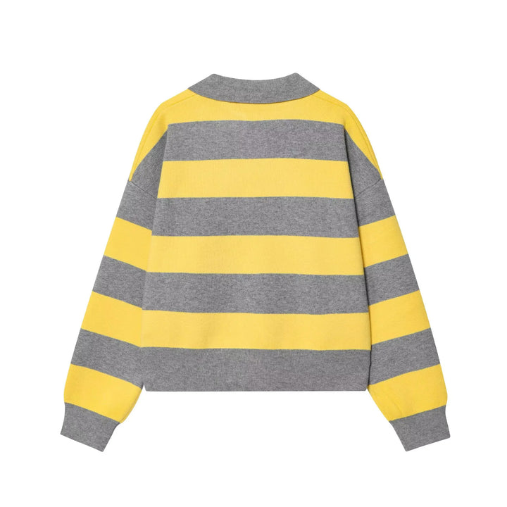 Women striped rugby pullover with polo collar, V-neck and boxy oversized silhouette Mune Fashion