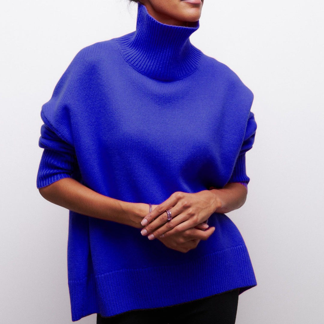 Women Cozy Oversized Turtleneck Sweater with Concealed Side Slits and Extra Long Ribbed Hem Mune Fashion