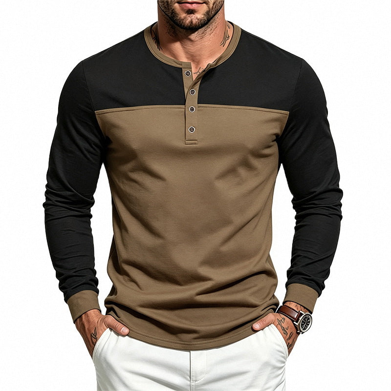 Men's Slim-Fit Henley Long Sleeve Shirt with Contrast Panel and Metal Button Placket Mune Fashion