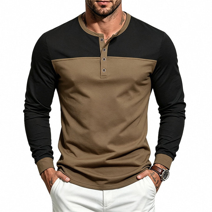 Men's Slim-Fit Henley Long Sleeve Shirt with Contrast Panel and Metal Button Placket Mune Fashion
