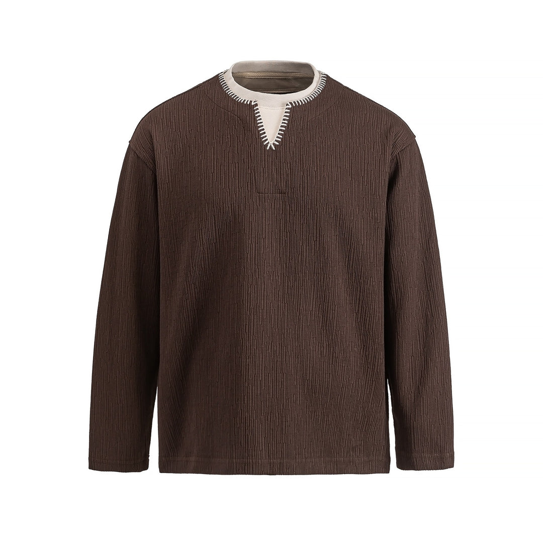 Men's Textured Sweatshirt Pullover with Layered Collar and Decorative Decorative Seam Mune Fashion