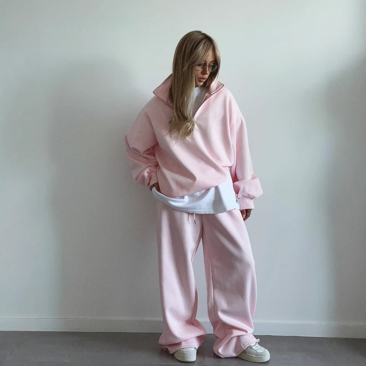 Women nan Oversize Half-zip Pullover with Stand-up Collar and Wide Lounge Pants Set Mune Fashion