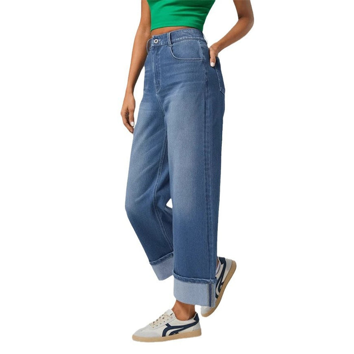 Women's high-waisted wide ankle-length jeans with wide cuff and five-pocket cut Mune Fashion