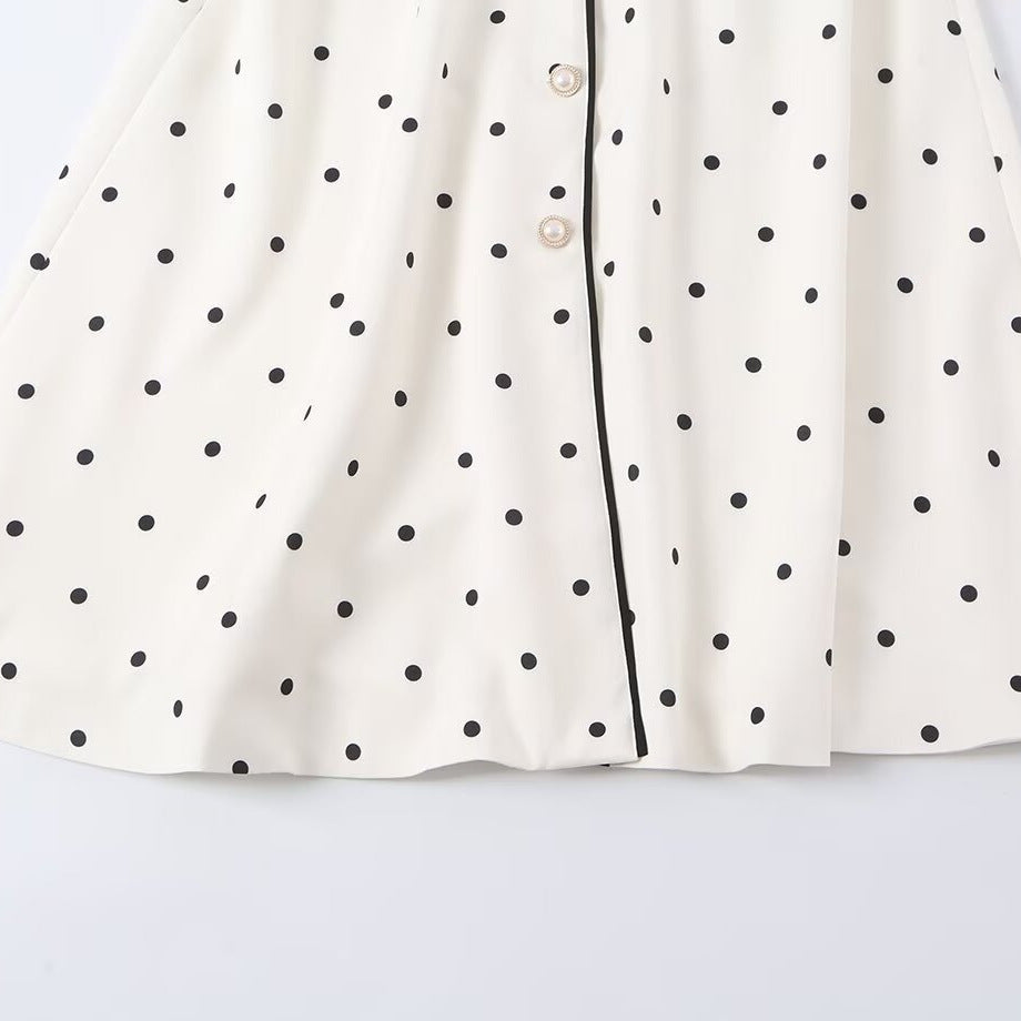 Women's midi shirt dress with polka dots, contrast piping, and waist belt Mune Fashion