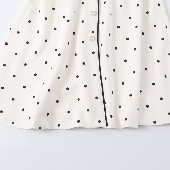 Women's midi shirt dress with polka dots, contrast piping, and waist belt Mune Fashion