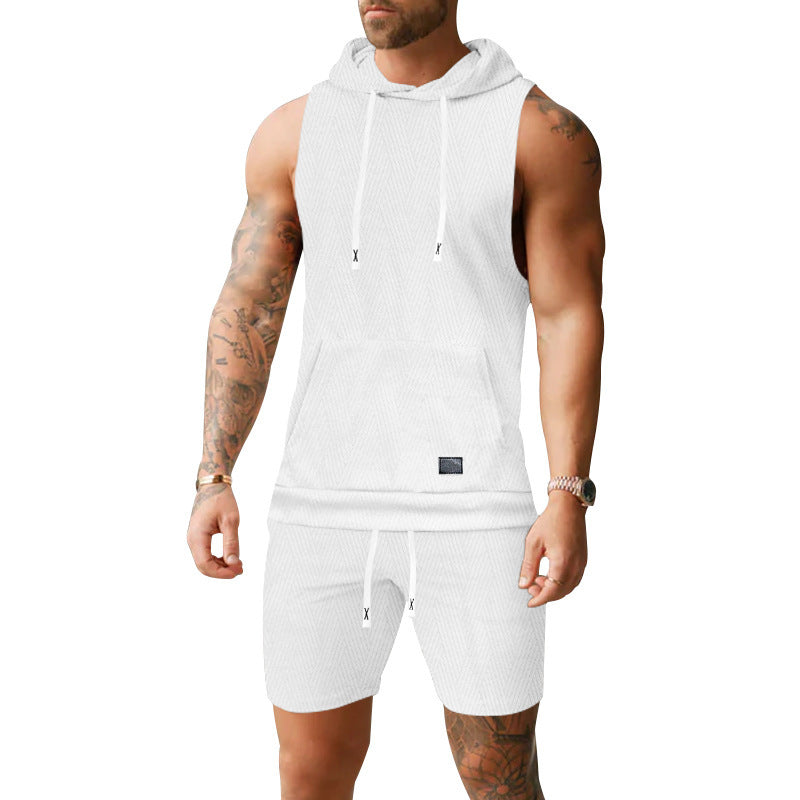 Men's sleeveless hoodie vest set made of textured cotton blend with kangaroo pocket and drawstring shorts Mune Fashion