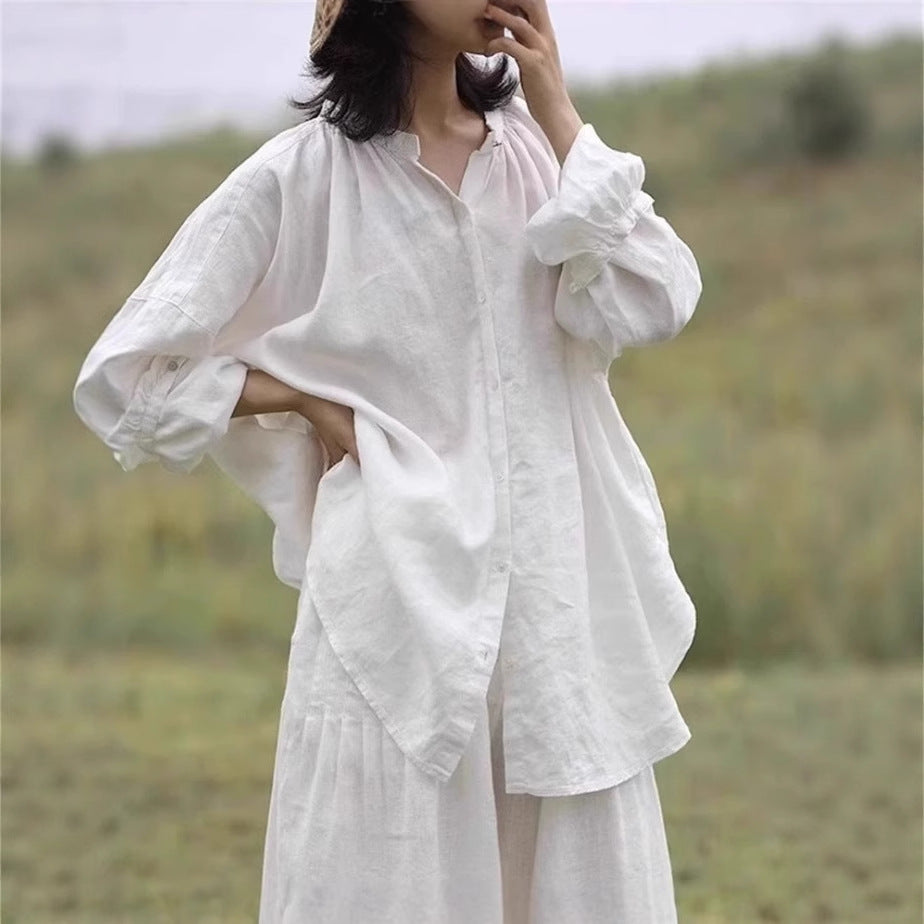 Women's Loose Oversized Linen Shirt with Stand Collar, Gathered Shoulder Yoke and Wide Balloon Sleeves Mune Fashion