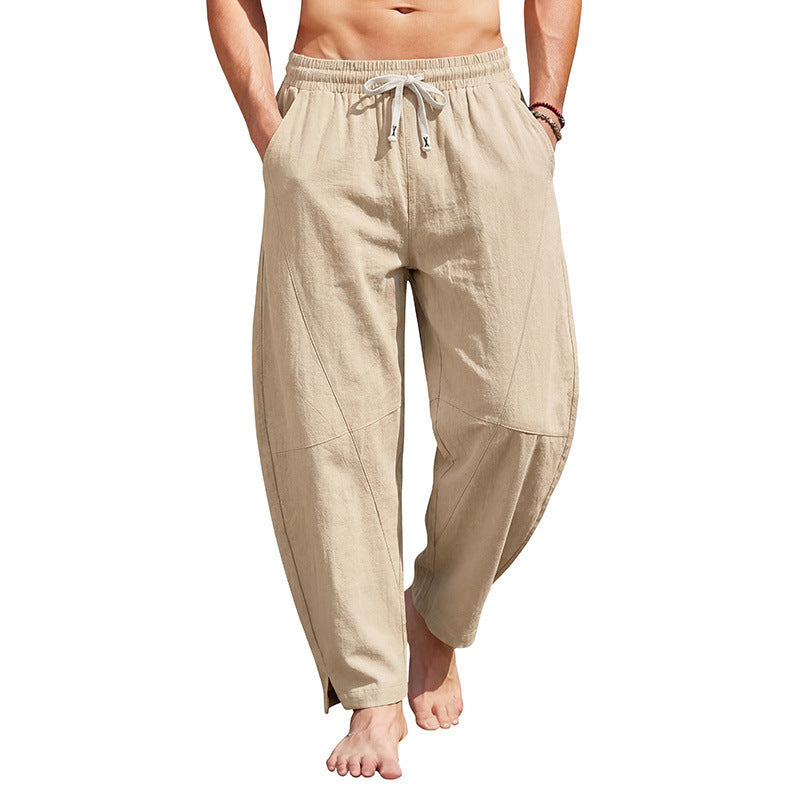 Men's casual linen lounge pants with elastic drawstring waistband, cord drawstring and side leg cuff Mune Fashion