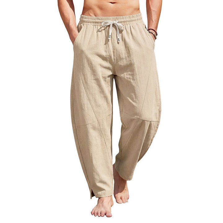 Men's casual linen lounge pants with elastic drawstring waistband, cord drawstring and side leg cuff Mune Fashion