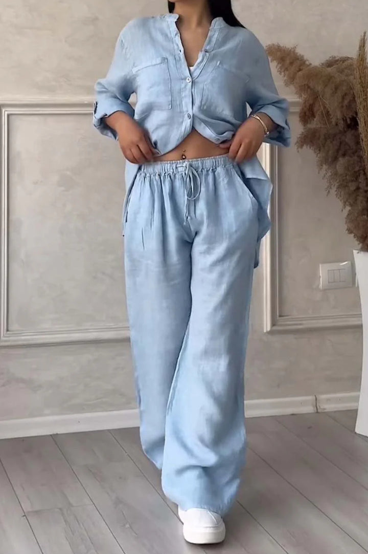 Women's casual linen two-piece set with loose shirt blouse, patch breast pockets, and elastic drawstring waistband Mune Fashion