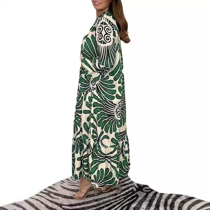 Ladies Long Tiered Dress with Button Placket and Abstract Leaf Print Mune Fashion