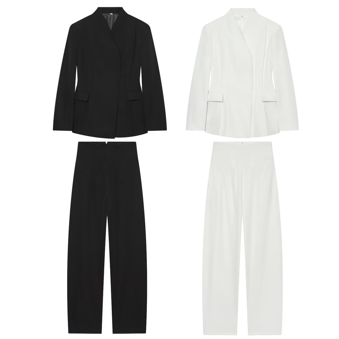 Women's Elegant Two-Piece Suit Set with Blazer without Lapels and High-Waist Wide-Leg Pants Mune Fashion