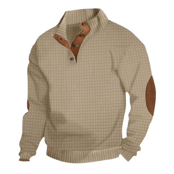 Men's chunky knit turtleneck with cable pattern, stand-up collar and leather elbow patches Mune Fashion
