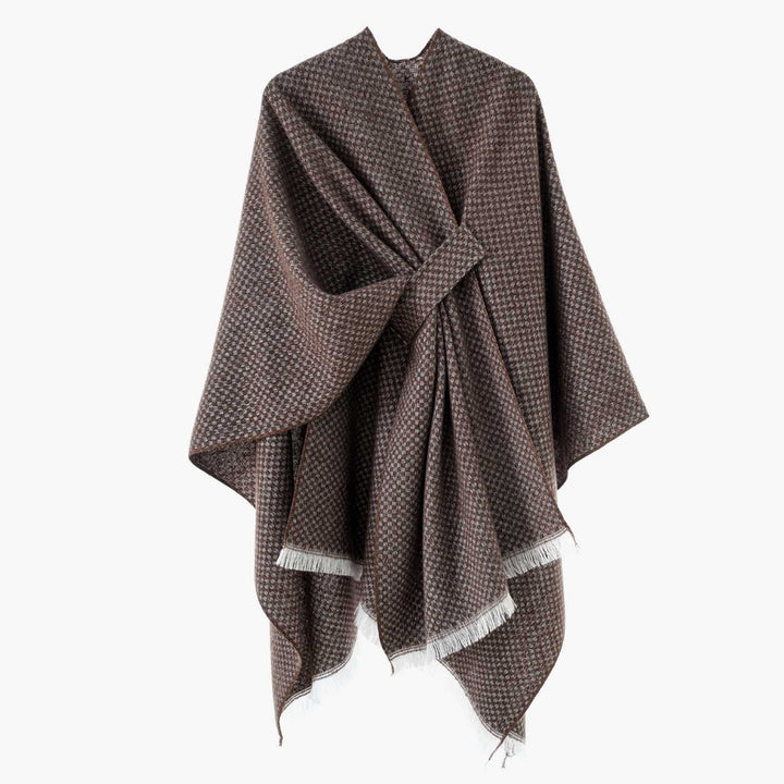 Women's Reversible Wool Mix Poncho with Houndstooth Jacquard and Ties Belt Mune Fashion
