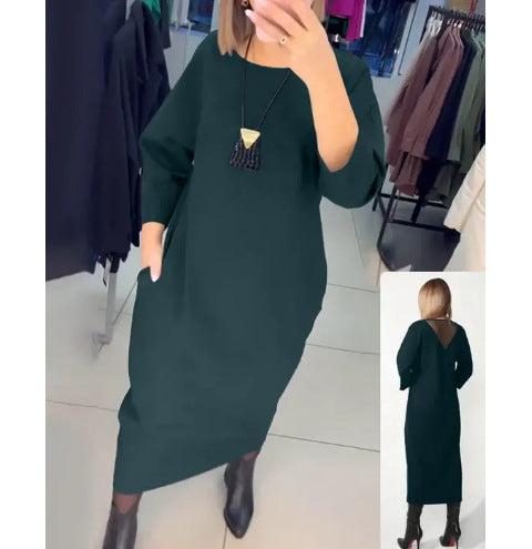 Women's straight maxi dress with ankle-length silhouette, half-length sleeves, side pockets, and transparent V-back Mune Fashion
