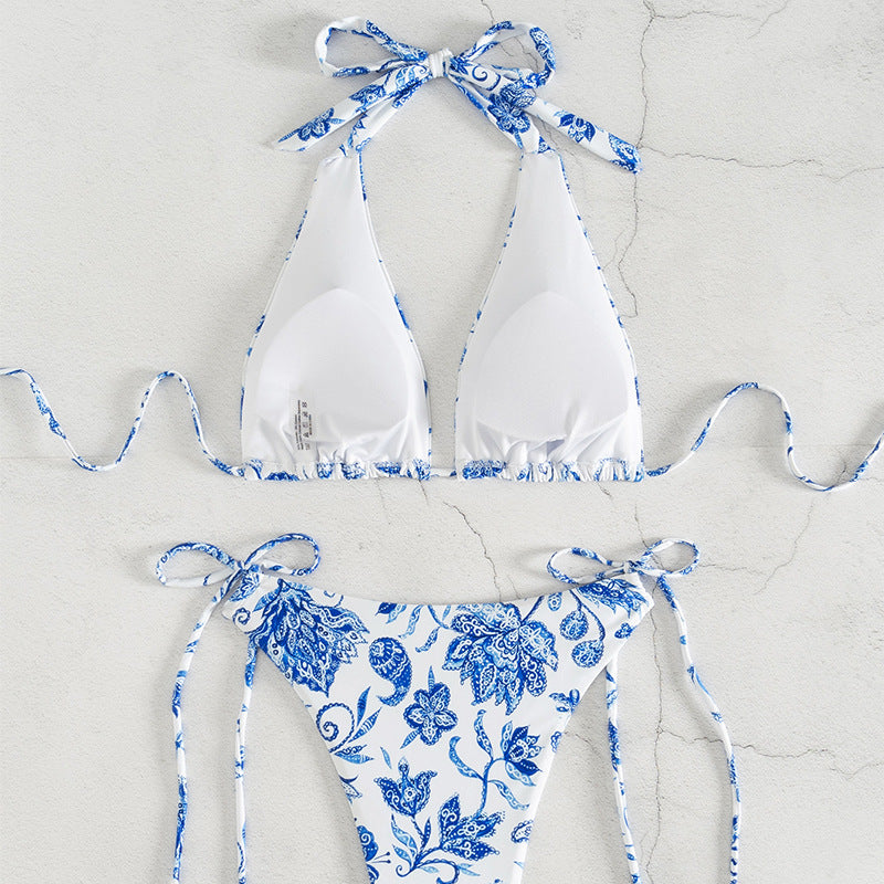 Women Triangle Bikini with Floral Design and Adjustable Ties Mune Fashion