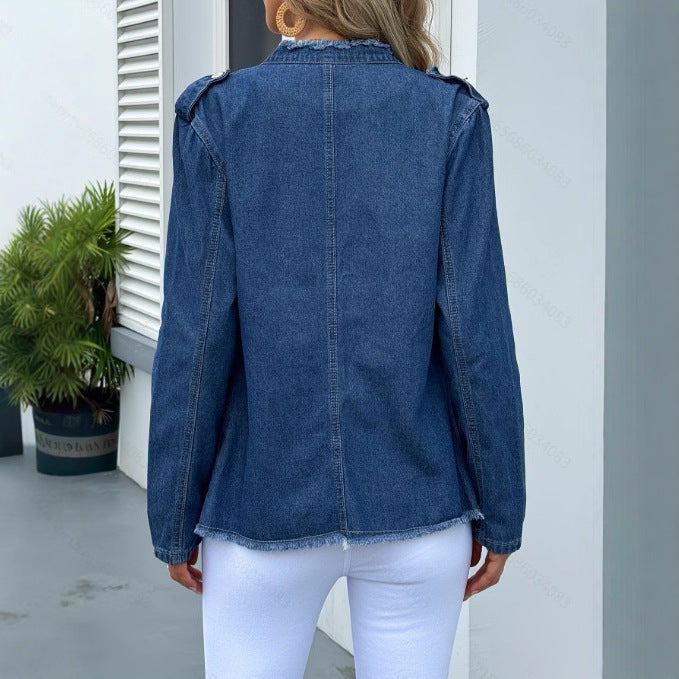 Women's tailored denim jacket with fringe trim and decorative button placket Mune Fashion
