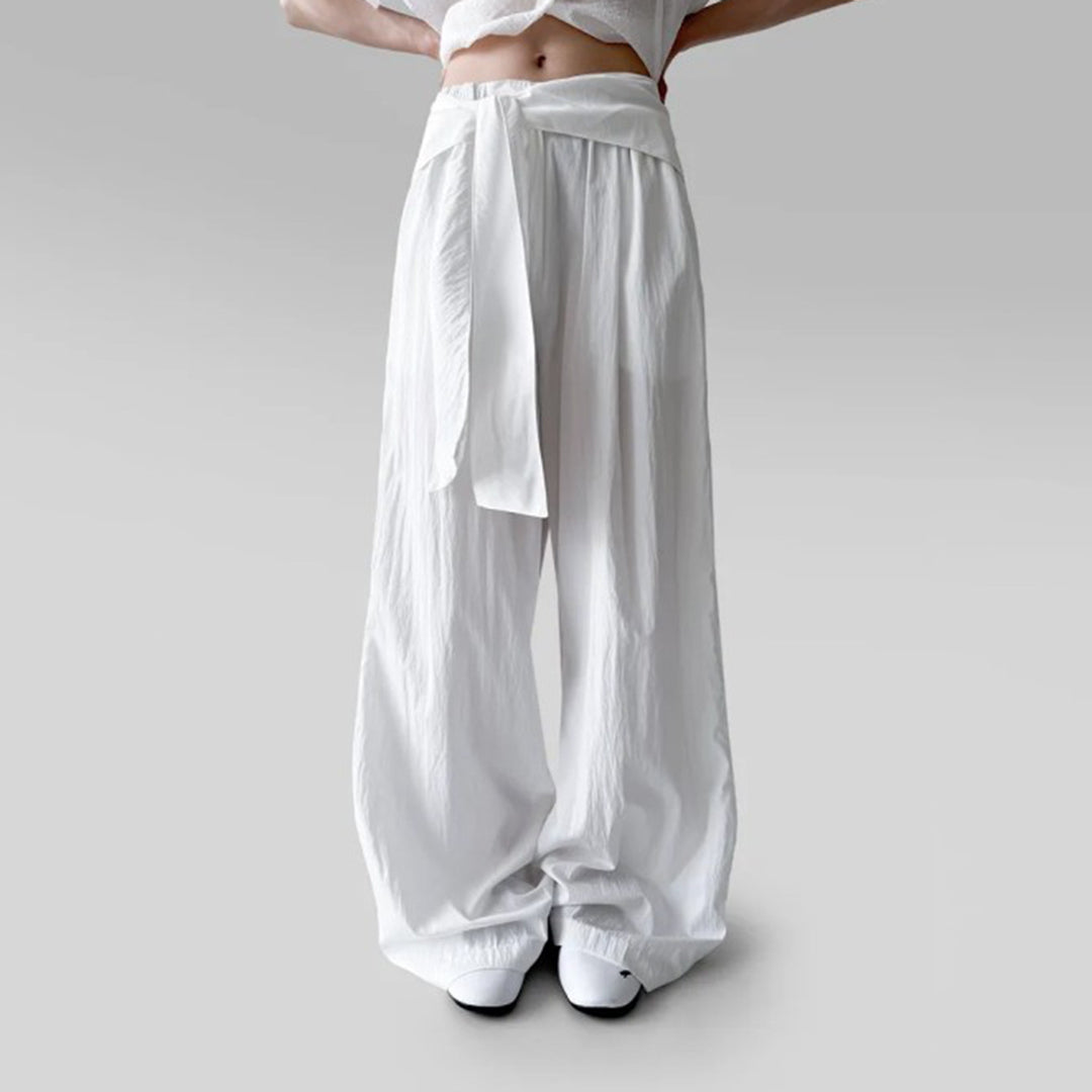 Women's high-waisted linen pants with wide leg and decorative tie belt Mune Fashion